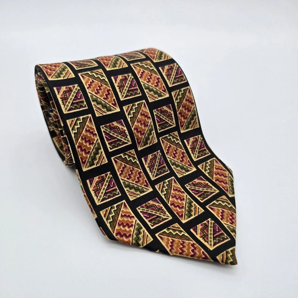 Chaps Ralph Lauren Mens Silk Tie Geometric Tribal Pattern Black Gold Burgundy